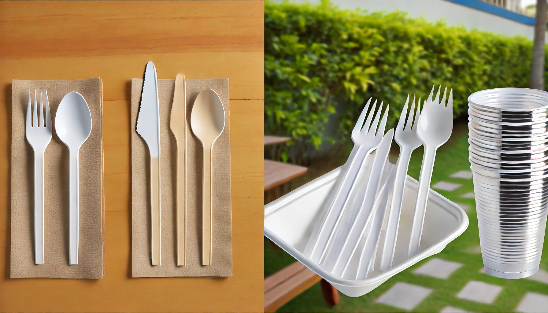 مقارنة بين أدوات المائدة الورقية وأدوات المائدة البلاستيكية.