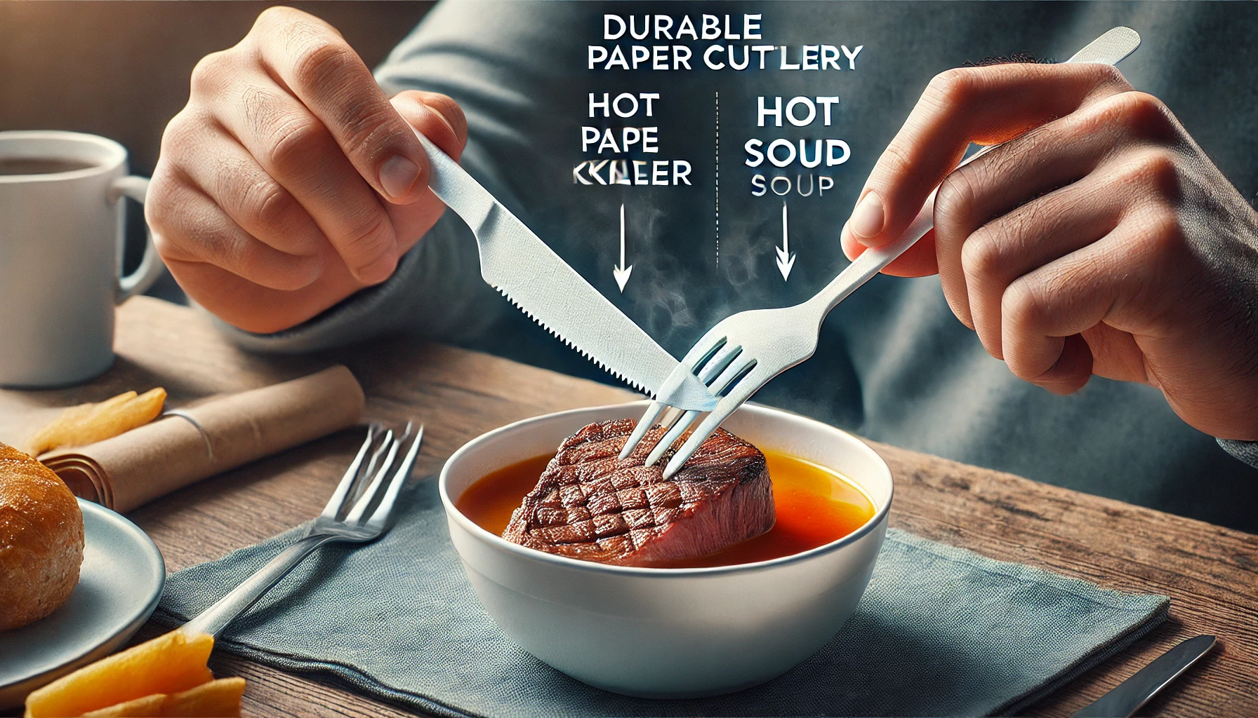 صورة مقربة لأدوات تناول الطعام الورقية المتينة المستخدمة مع الأطعمة الساخنة والباردة.