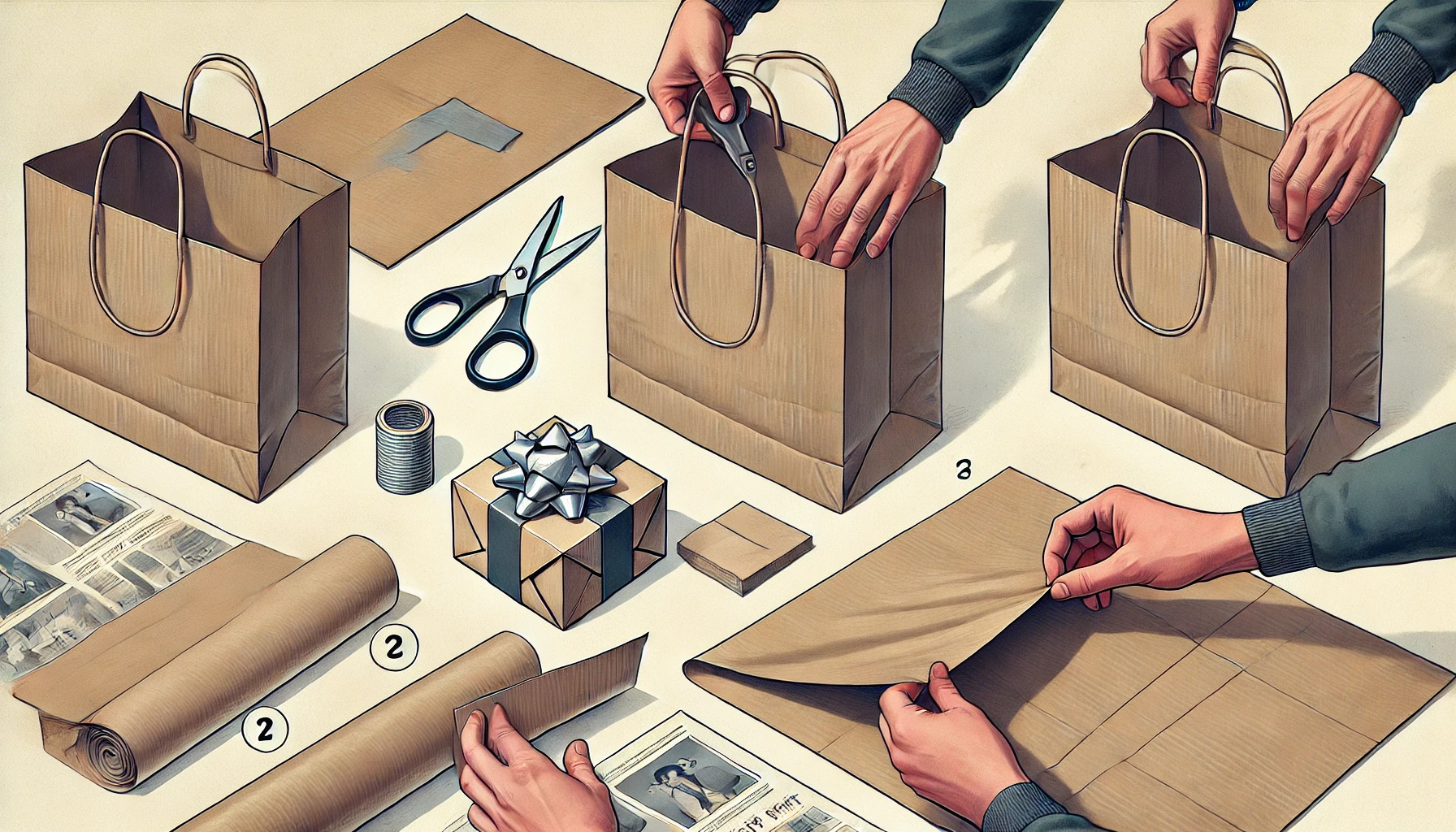 عملية تدعيم قاعدة كيس الهدايا المصنوع من ورق التغليف بإضافة قطعة من الورق المقوى.