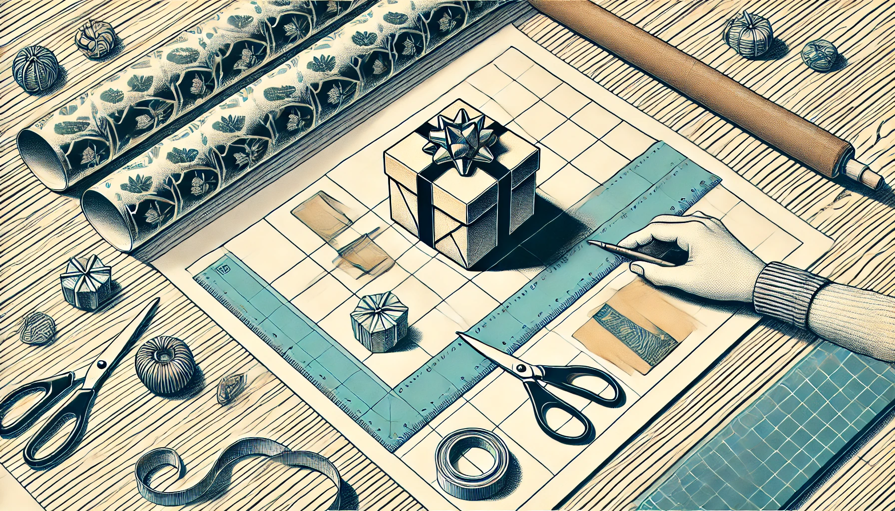 عملية قياس وقطع ورق التغليف لعمل كيس هدايا.